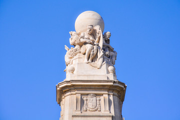 Madrid, monumento a Cervantes, alegoría de los Cinco Continentes