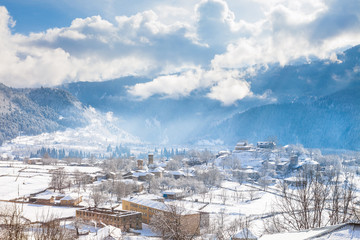 Obraz na płótnie Canvas Beautiful clouds over mountain village Latali, Svaneti