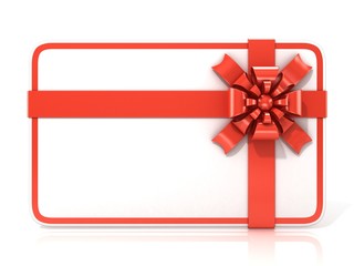 Red blank gift card, with red ribbon. 3D render illustration