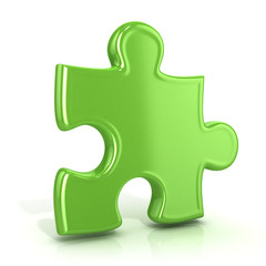 Single, green, standing jigsaw puzzle piece. 3D render icon
