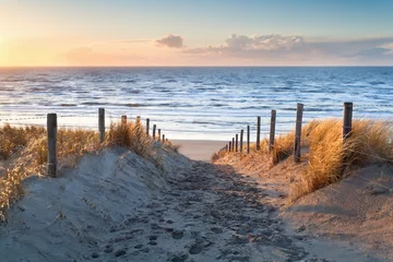 Papier Peint photo Lavable Mer du Nord, Pays-Bas chemin de sable vers la côte de la mer du Nord au coucher du soleil