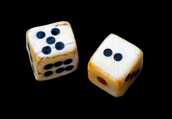 Vintage dice lucky 7 toss. Black background