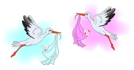 Stork delivering a newborn girl and boy