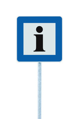 Info sign blue, black i letter icon, white frame, isolated