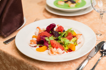 Seafood salad on a white plate