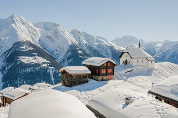 Fotobehang Bettmeralp, bergdorp, Alpen, Wallis, wintervakantie, Zwitserland © bill_17