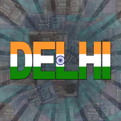 Delhi flag text on Rupees sunburst illustration