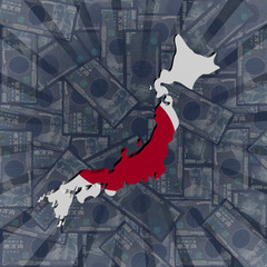 Japan map flag on Yen sunburst illustration