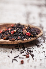 Tea leaves on vintage spoon