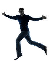 man happy jumping saluting silhouette full length