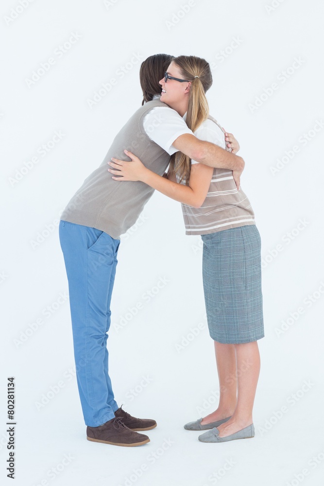 Poster geeky hipster couple hugging