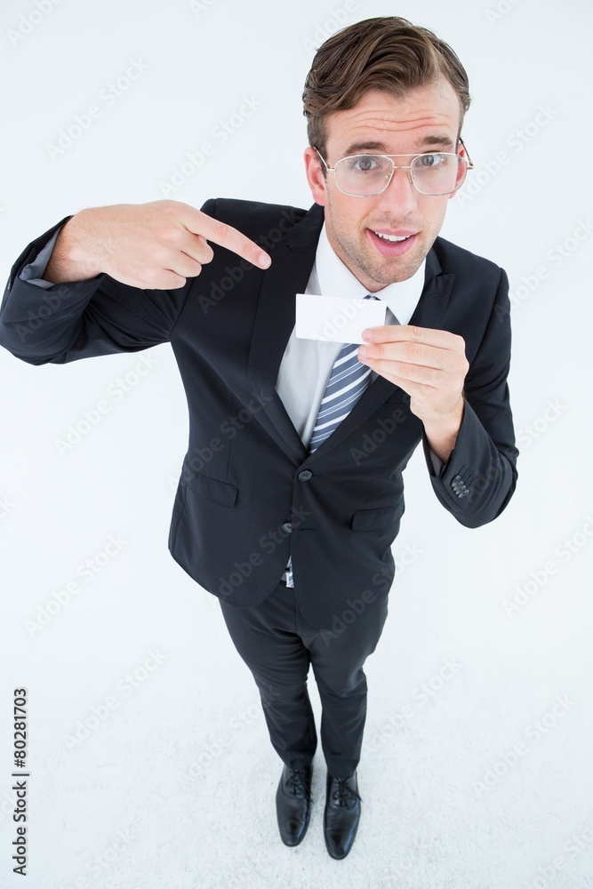 Poster geeky businessman showing card