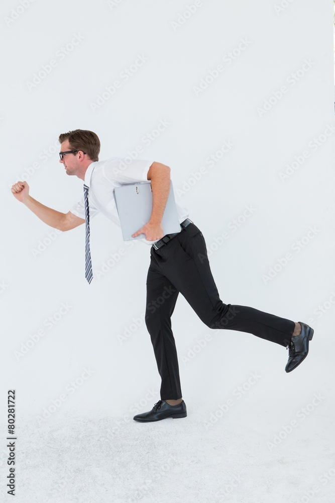 Poster geeky businessman running late