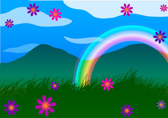 Fototapeta na wymiar Vector illustration. Rainbow, grass and flowers.
