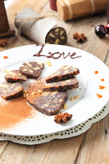 chocolate sausage with decorations