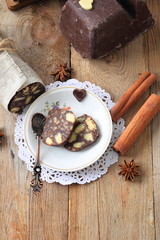 chocolate sausage with decorations