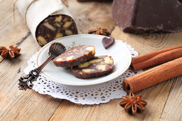 chocolate sausage with decorations