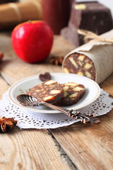 chocolate sausage with decorations