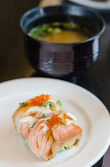 Salmon roll sushi and soup