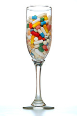 Champagne glass full of Medicine pills.