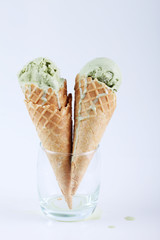 green tea ice cream cones in clear glasses