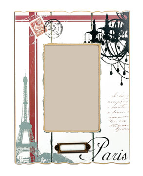 White aged photo frame with drawings of Eiffel Tower and black