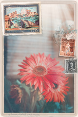 Vintage  postcard with flowers of spring and stamps series