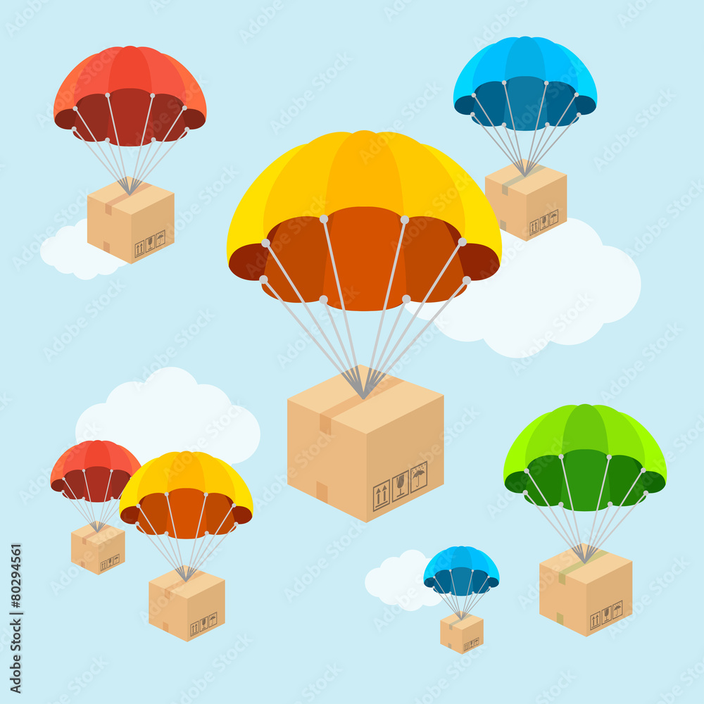 Wall mural vector parachute fly with clouds. flat design