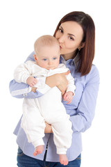 young mother and son isolated on white