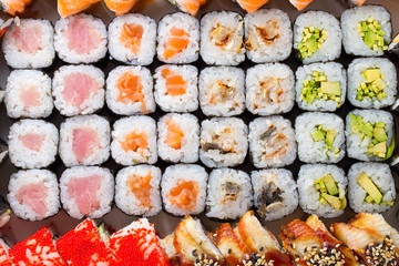 Sushi set with many fresh and tasty ingredients