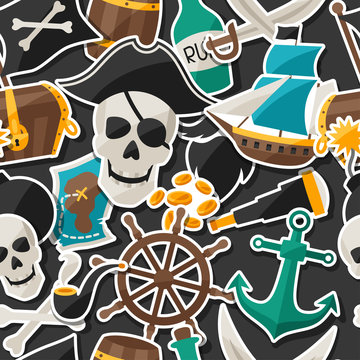 Seamless Pattern On Pirate Theme With Stickers And Objects