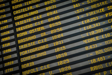 Departure board on the train station in Venice, Italy