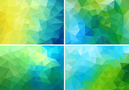 Blue And Green Low Poly Backgrounds, Vector Set