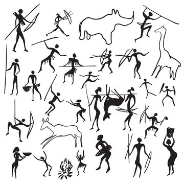 set of vector rock paintings with scenes of hunting and life