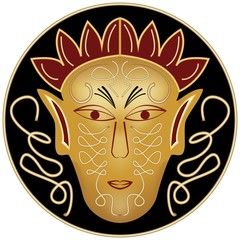 Golden ritual male mask in black circle