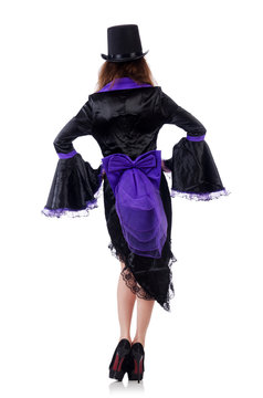 girl wearing violet and black dress isolated on white