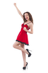 Young female model posing in red mini dress