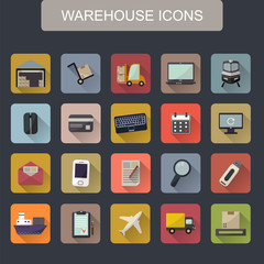 Warehouse transportation and delivery icons flat set
