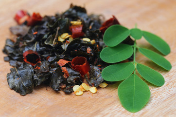 Fried and moringa leaves