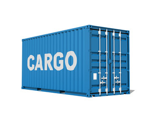 Blue cargo container with text label isolated on white backgroun