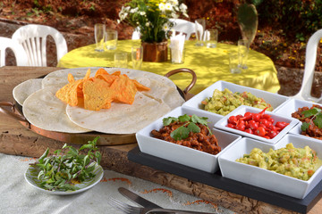 Mexican food - chilli, guacamole, tortillas and nachos