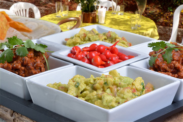 Mexican food - chilli, guacamole, tortillas and nachos