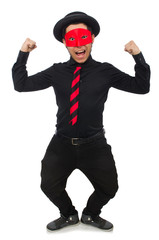Young man with red mask isolated on white