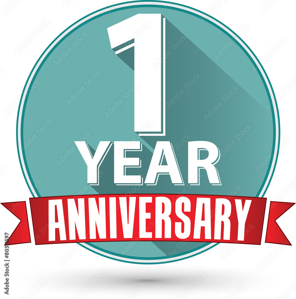 Wall mural Flat design 1 year anniversary label with red ribbon, vector ill