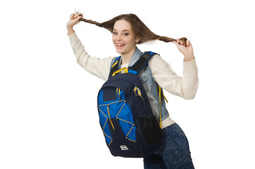 Pretty girl with rucksack isolated on white