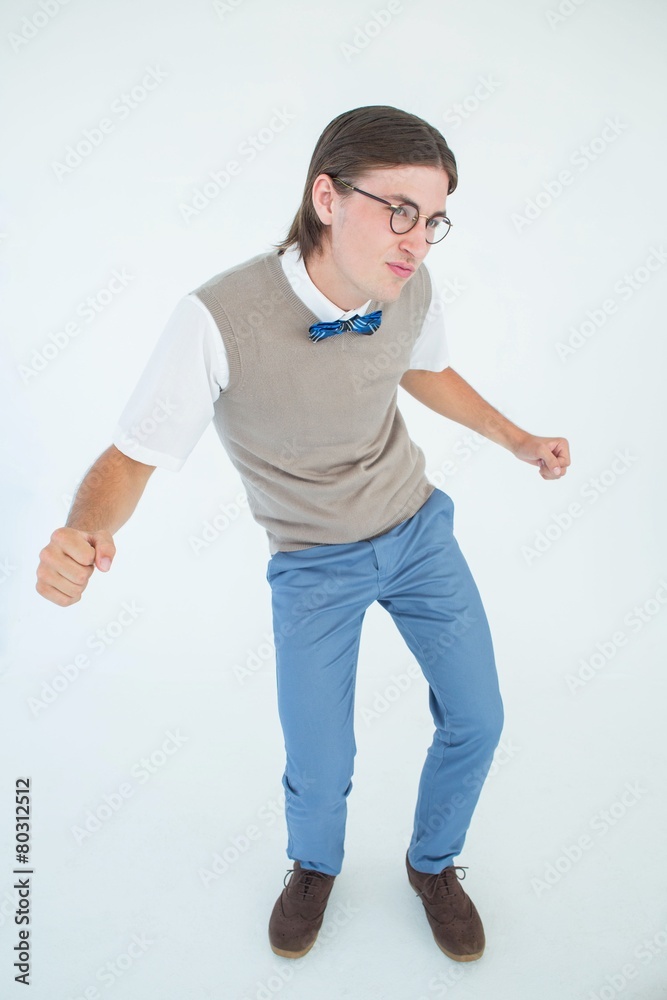 Poster geeky hipster dancing and smiling