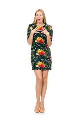 Woman in dark green floral dress isolated on white