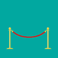 Red rope golden barrier stanchions turnstile on green  Flat