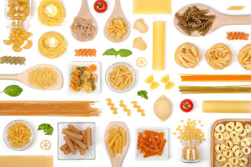 various pasta on white background top view