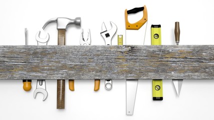Various tools and wood with copy space, isolated on white